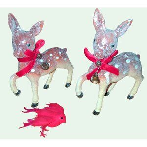 Vintage Flocked Deer Figurines With Red Bows & Bells + Red Bird Clip